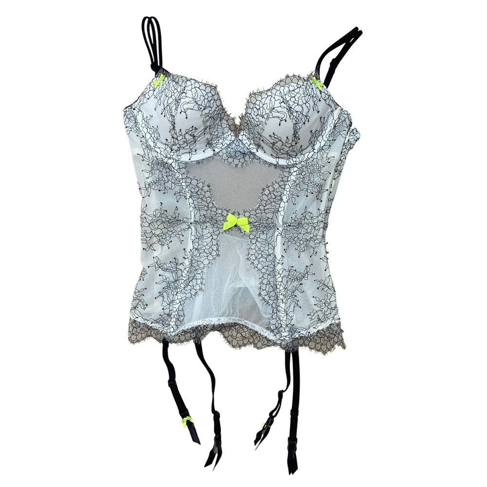 Victoria's Secret 34B White Black Lace Mesh Corset Bustier Lingerie Chemise - Picture 7 of 9